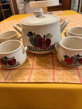 Ceramic Apple Soup Tureen with Matching Bowls - Red/Black Plaid